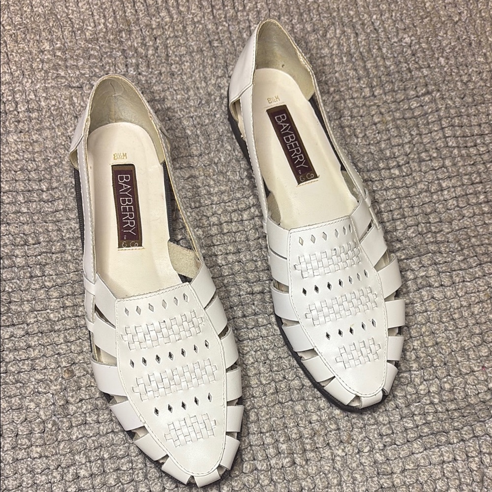 White Leather Slip-On Flats with Intricate Weave
